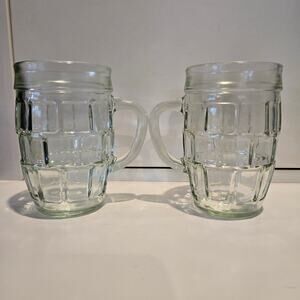 2 Vintage Anchor Hocking Block Optic 6 oz mugs w handle green tint